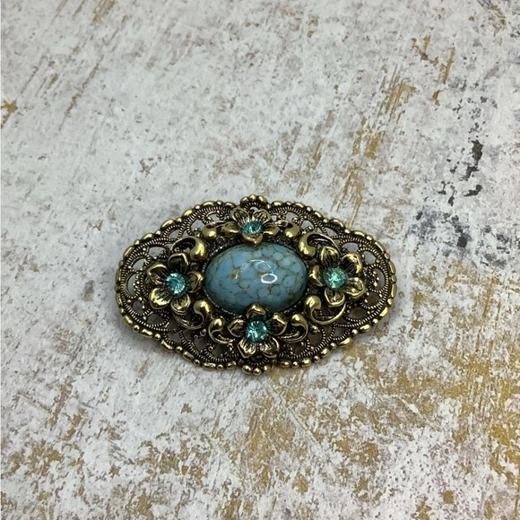 Vintage Czech Glass Brass and Rhinestone Brooch - Picture 2 of 6